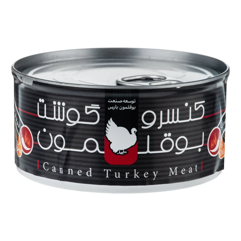 کنسرو مخلوط گوشت ران وسینه بوقلمون با طعم دود و فلفل در روغن